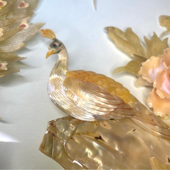 Vintage Asian Shell Art Peacock Flowers Framed Wall Art - Picture 7 of 13